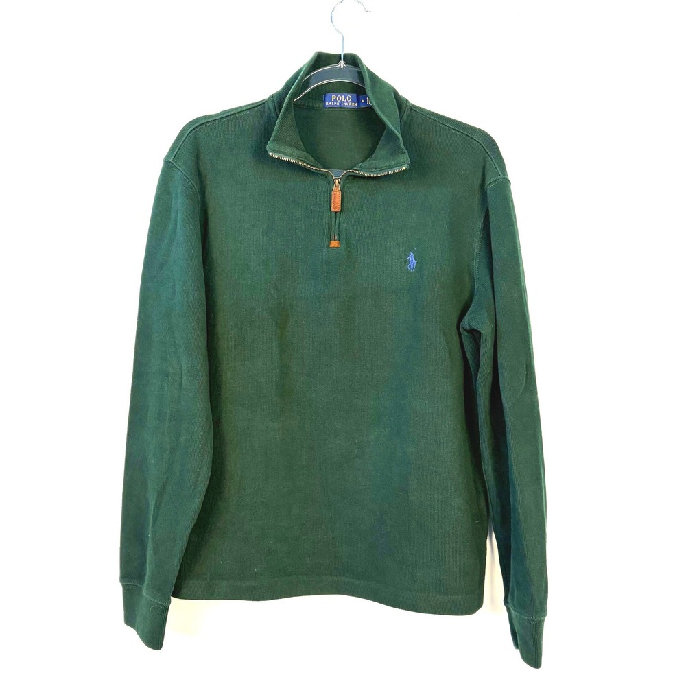 Classic Polo Ralph Lauren Mens Green Ribbed Quarter Zip Pullover Sweater Size M
